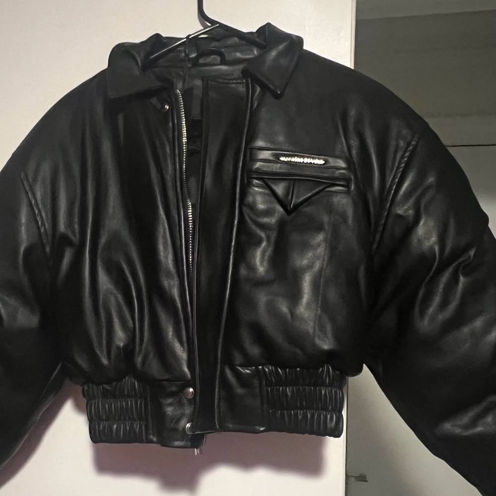 Black Leather Bomber Jacket with Elastic Waistband